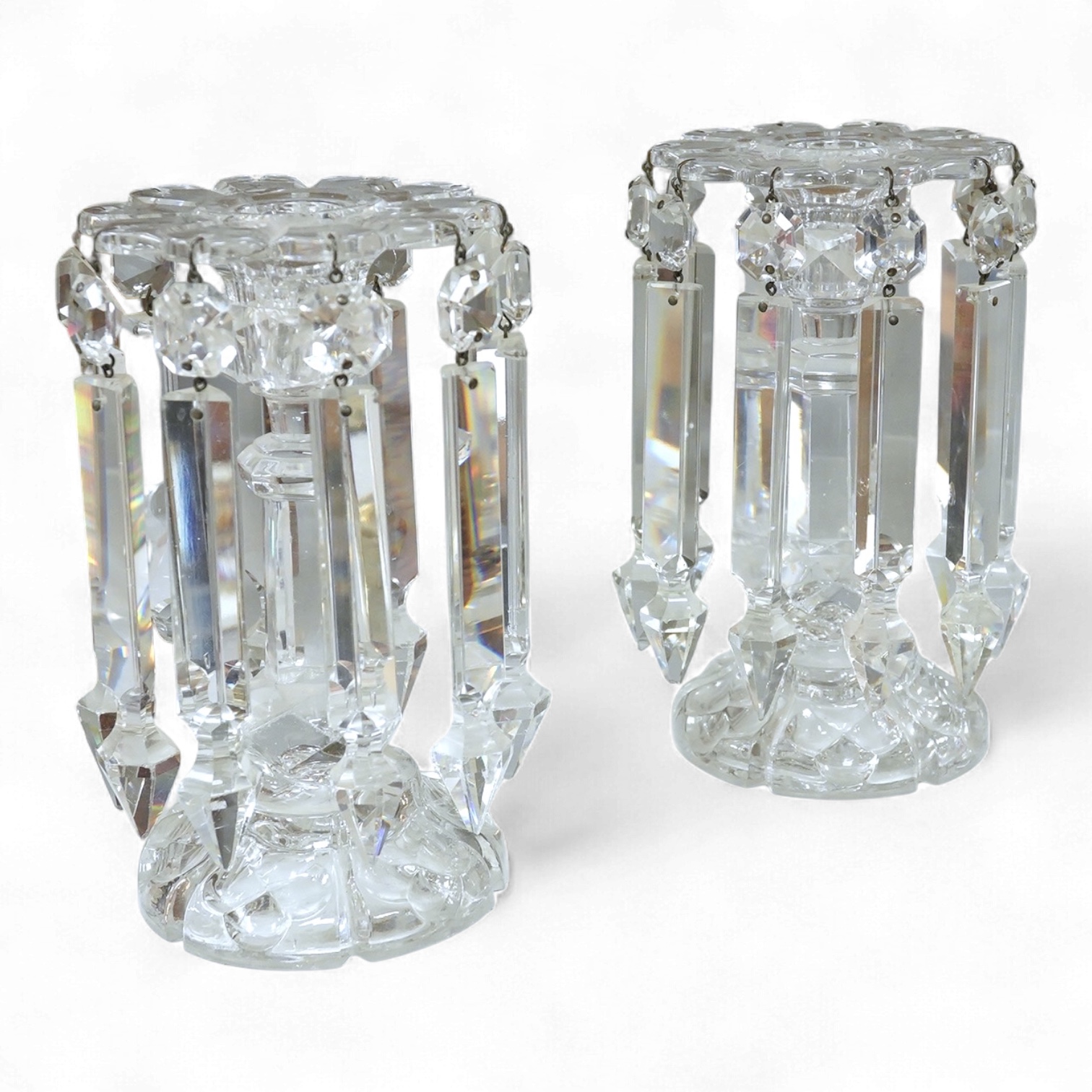 A pair of Victorian clear glass table lustres with drops, 20cm high